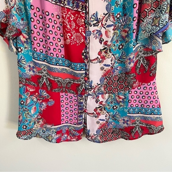 Chicos Patchwork Peplum Flutter Sleeve Top - Picture 7 of 13